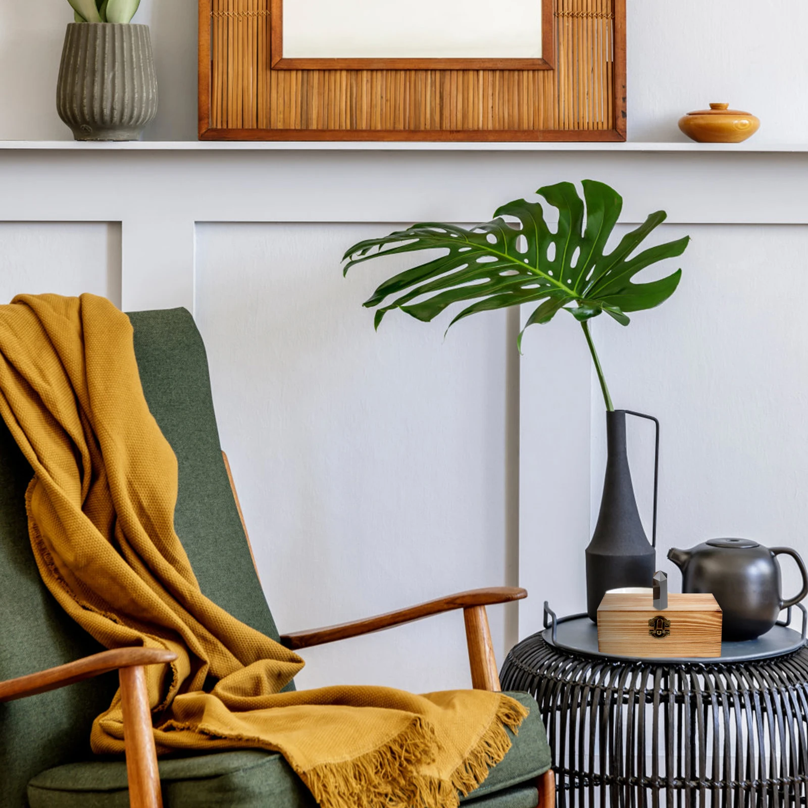 

Natural Black Obsidian Crystal Decor nament Adornment Accessories Gift Wooden Display Box Home Vase Decoration Stone