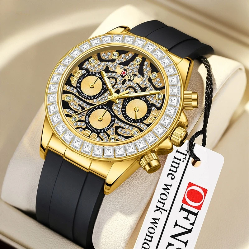 

Совершенно новые мужские часы с тигровым узором, шестистрелочные светящиеся часы, мужские водонепроницаемые повседневные кварцевые часы с бриллиантами.