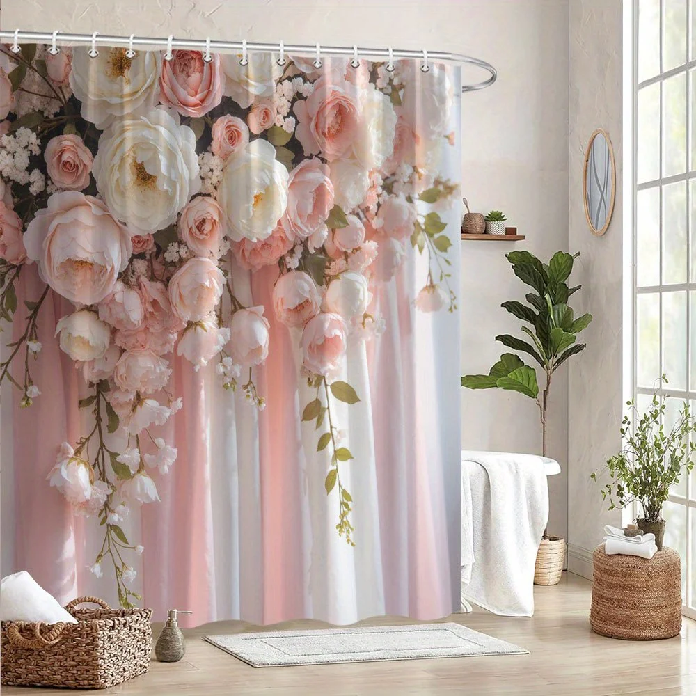 

1pc Romantic Pink Peonies Floral Bath Curtain - Elegant Dreamy Design with Soft Pastel Background, Premium Polyester Fabric, 70x