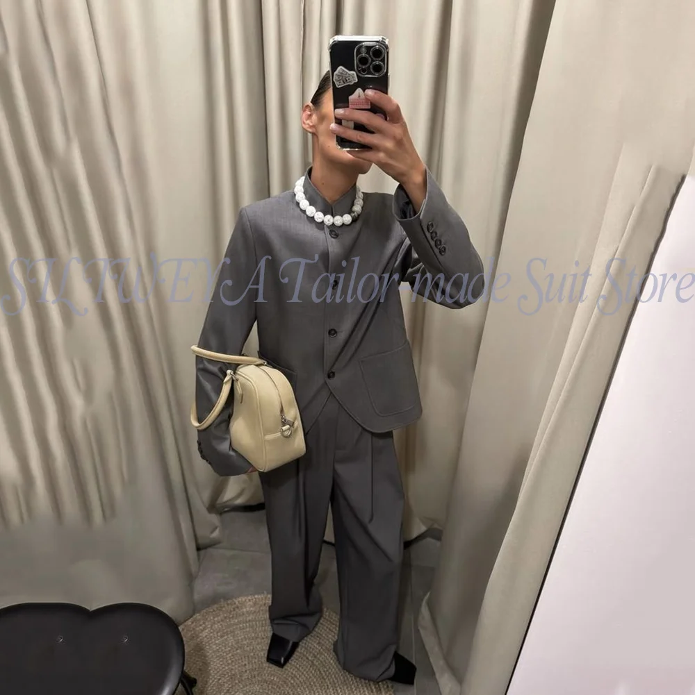 Luxury Grey Elegant 2 Pieces Women's Suit Single Breasted Fashion Formal Smart Casual Banquet Female Outfit (Jacket+Pants)