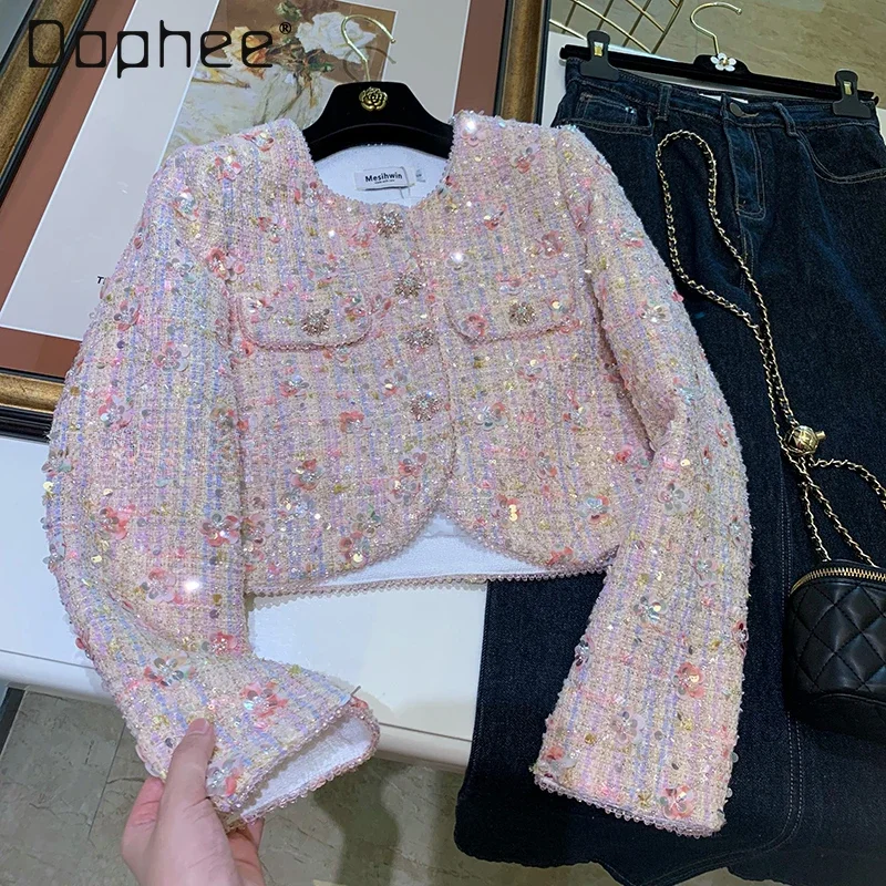 

French Beaded Sequin Short Jacket Heavy Industry Luxury Round Collar Long Sleeve Floral Coats Spring Autumn Ladies Outwear