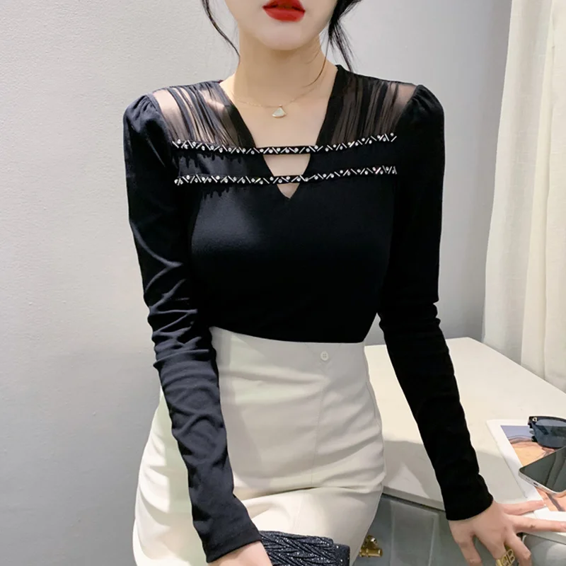 #8628 Spring Summer Black Long Sleeve T Shirt Women Split Joint Diamonds Sexy Tight Tshirt Female V-neck Spliced Mesh Hollow Out