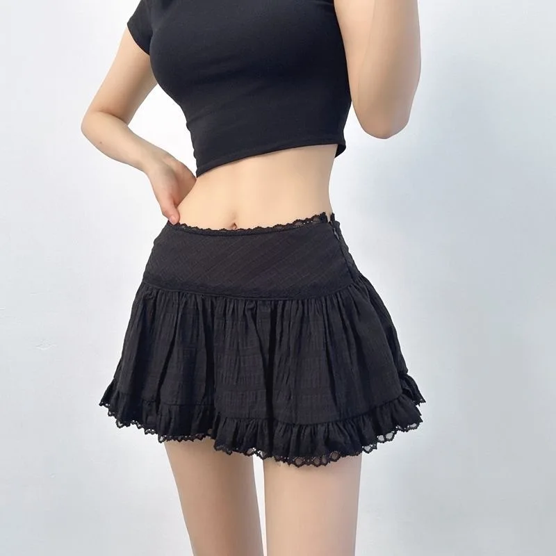 

Белая мини-юбка в стиле балеткор/готика с низкой посадкой, оборками, многоярусная, с кружевной отделкой, летняя, для женщин и подростков, уличный стиль