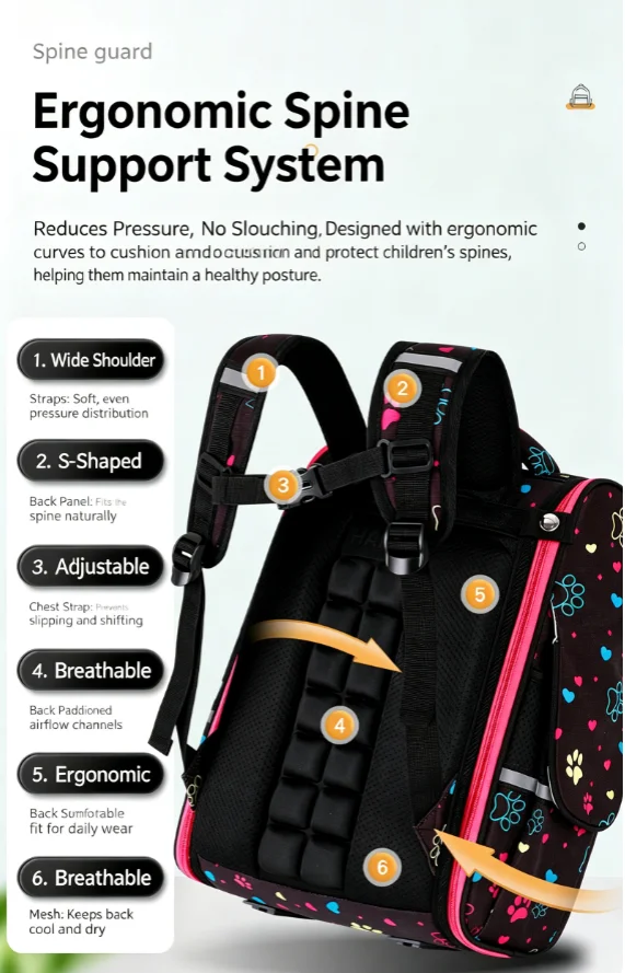 Large Capacity Spine‑Protective School Daypack, Lightweight Breathable Adjustable Shoulder Strap for Grade 1‑6 Boys Girls