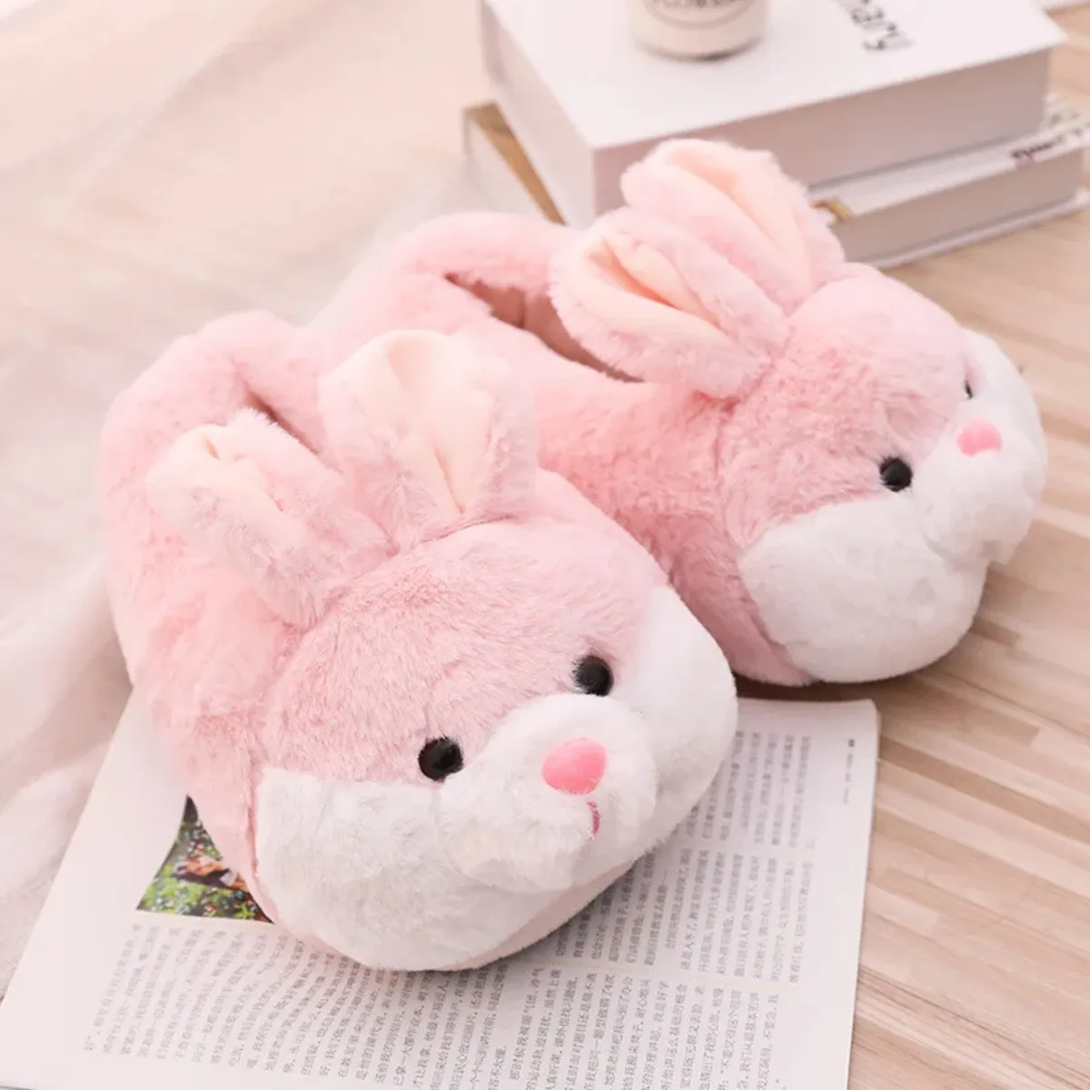 Women House Fur Slippers Casual Cute 3D-shaped Lovely Bunny Rabbit Design Pink Grey Winter Indoor Warm Soft Soles Comfy Home New