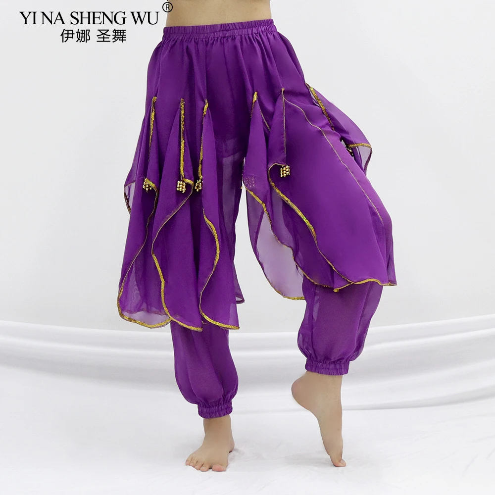 Belly Dance Performance Pants Adult Women Indian Dance Practice Dancing Chiffon Bloomers Dance Practice Gold Trim Rotating Pants