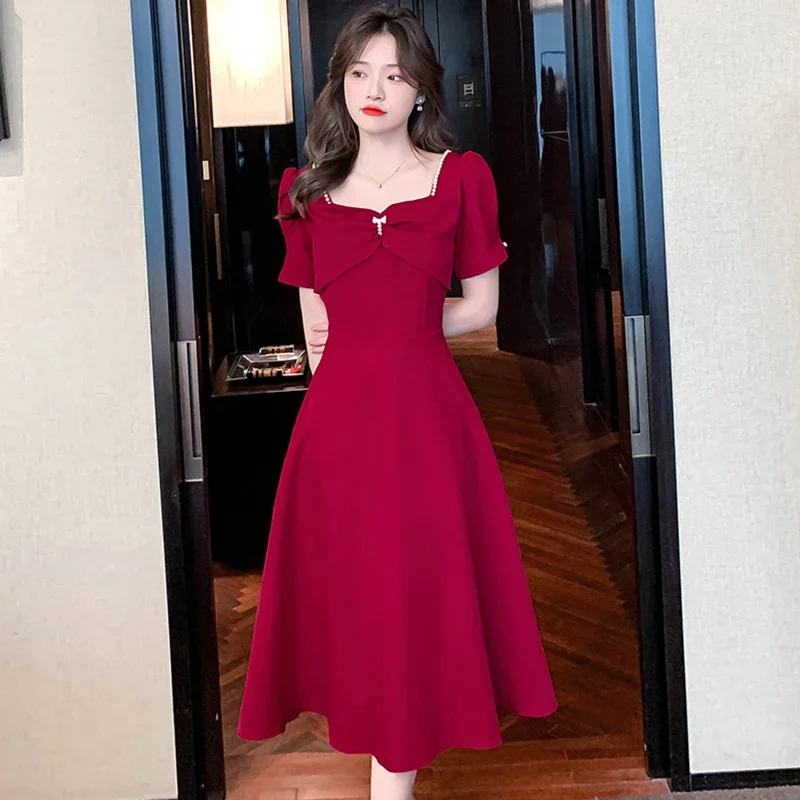 

2024 Red Bow Beading Square Collar Midi Dress Summer Elegant Bodycon Office Lady Dress Women Black Korean Vintage Hepburn Dress