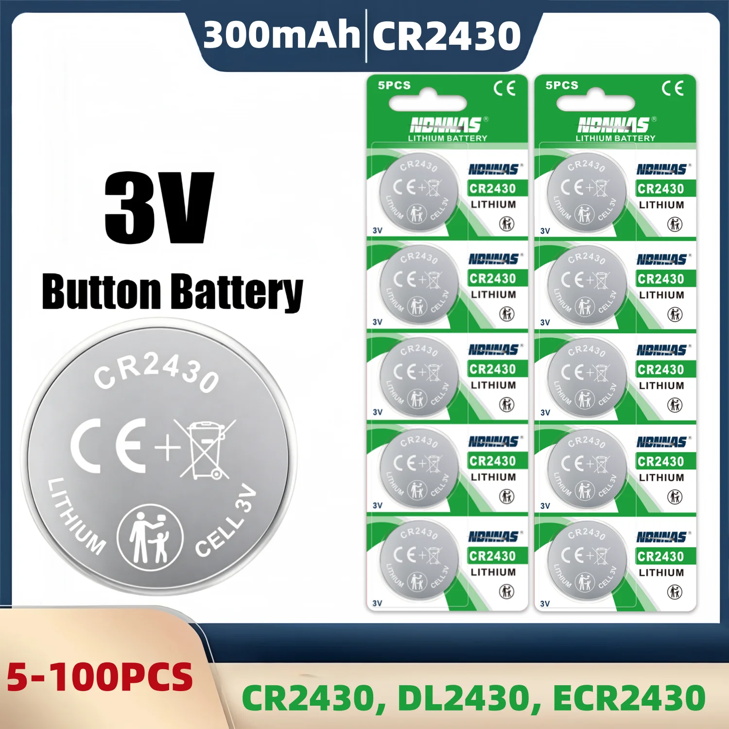 

5-50Pcs CR2430 3V Lithium Coin Cell Button Battery DL2430 BR2430 Compatible For Watch Car Key Fob Remote Clock Electronic Device