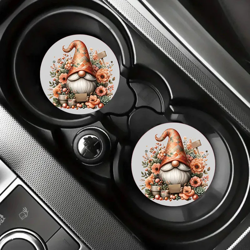 Santa Gnome Holiday Car Leather Coaster Set 2Pcs Anti Scratch Cup Insert Mat 2.75