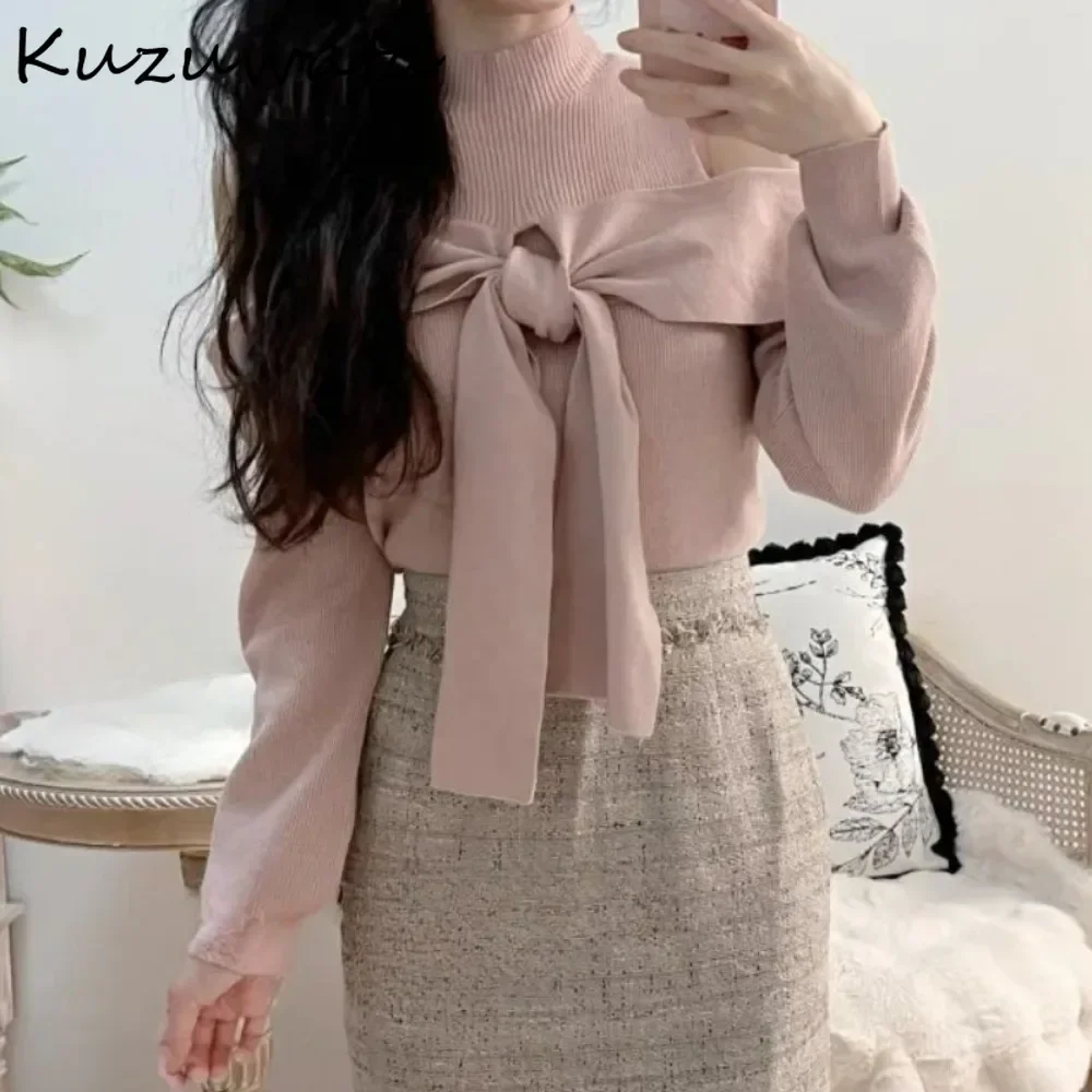 Kuzuwata Casual O Neck Long Sleeve Tie Lace Up Knitted Off Shoulder All-match Gentle Pullover Japanese Literary Moda New Jumper