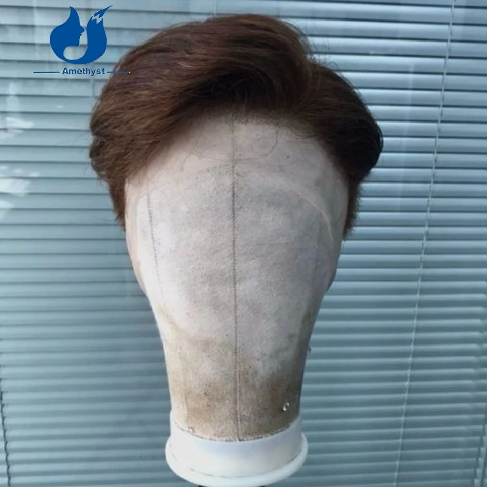 

Аметист # 3-цветный коричневый бритый короткий парик из натуральных волос Remy, предварительно выщипанный, полный парик шнурка для мужчин, замена волос, левая часть