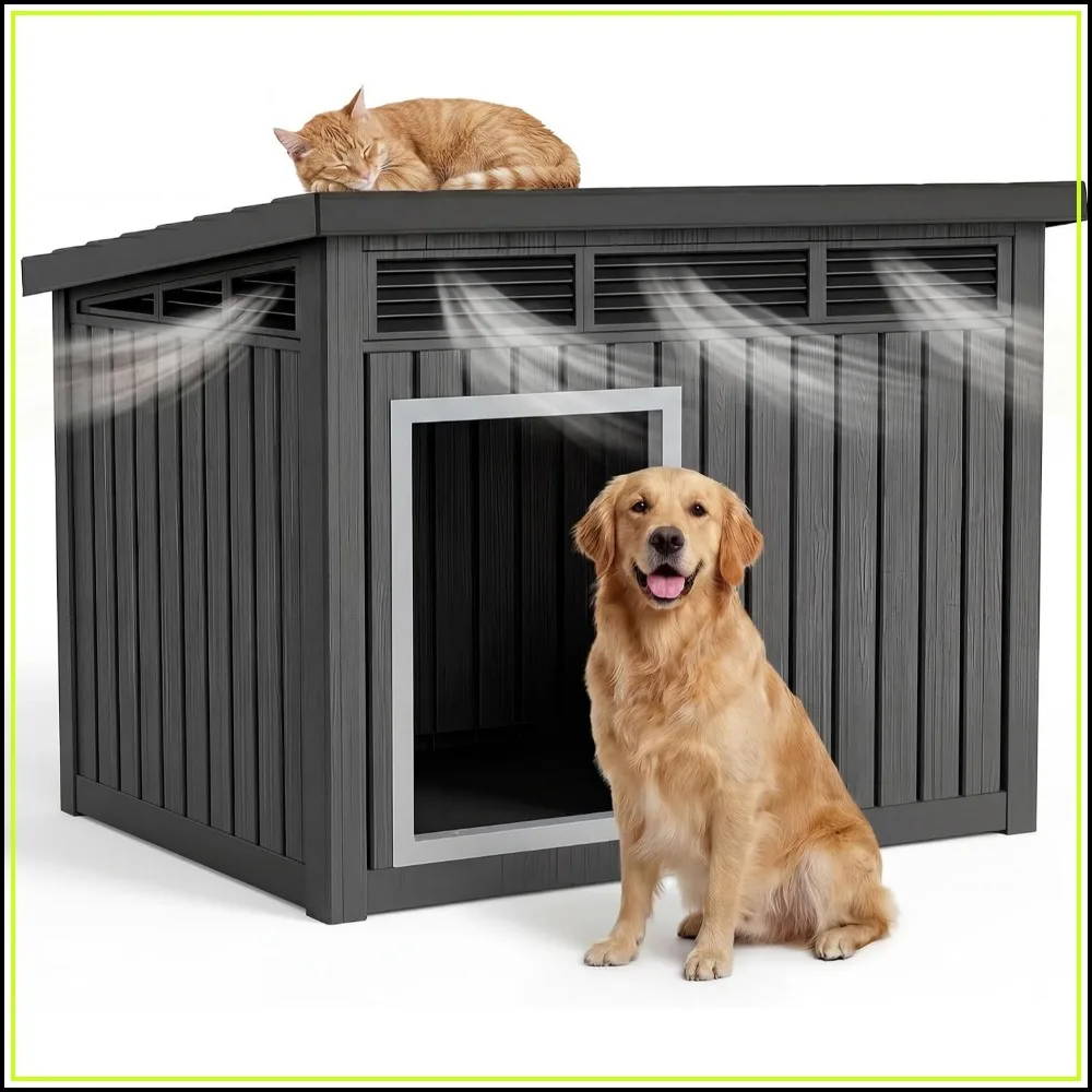Large Dog House Outdoor Weatherproof Resin Sloped Roof Ventilation Easy Assembly Classic Black