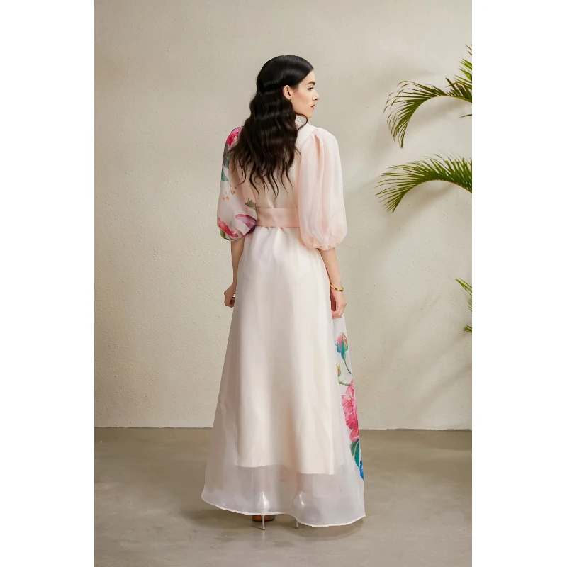 フレンチシックヴィンテージボヘミアンプリントイブニングパーティードレス女性用メッシュパフスリーブシングルブレストサンドレス婦人服ロングドレス