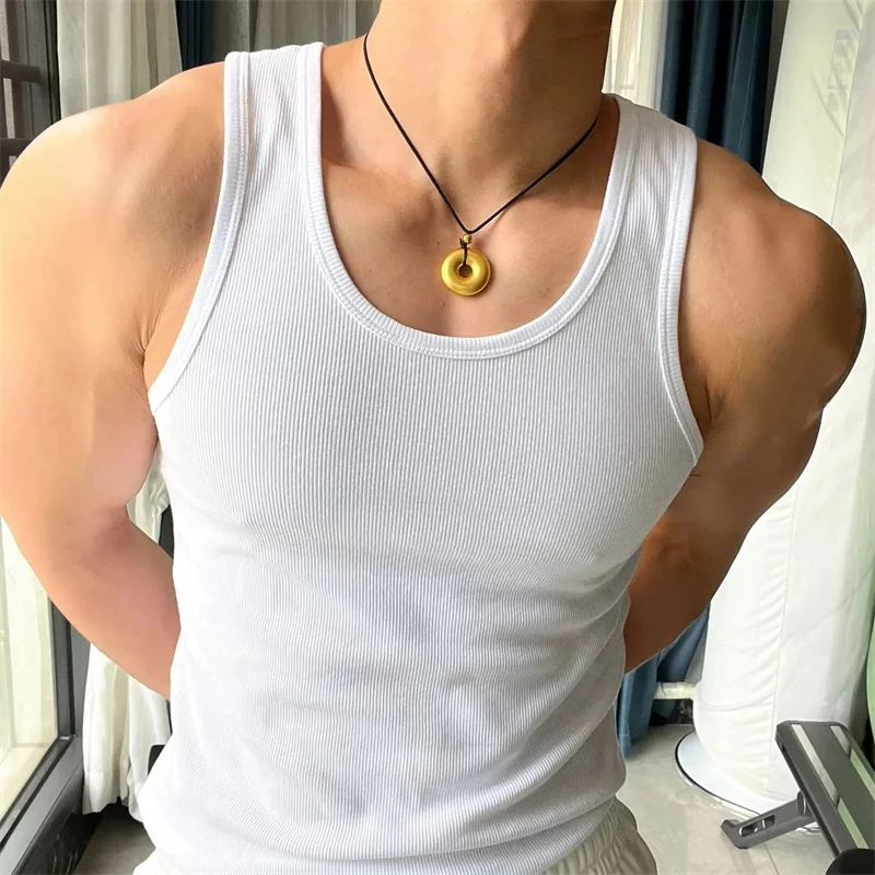 Vintage Stretch Slim Round Neck Tank Top Sleeveless T-Shirt Bottom Shirt Sports Sweat Absorbent Tough Fitness Men