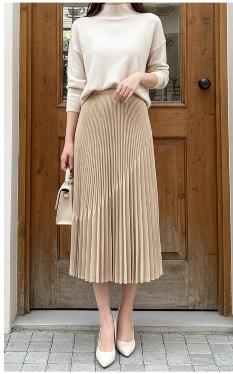 Miyake High-Waisted Slimming Midi Skirt, 2026 New Style, Elastic Waist, Loose A-Line, Elegant Mid-Length Pleated Skirt