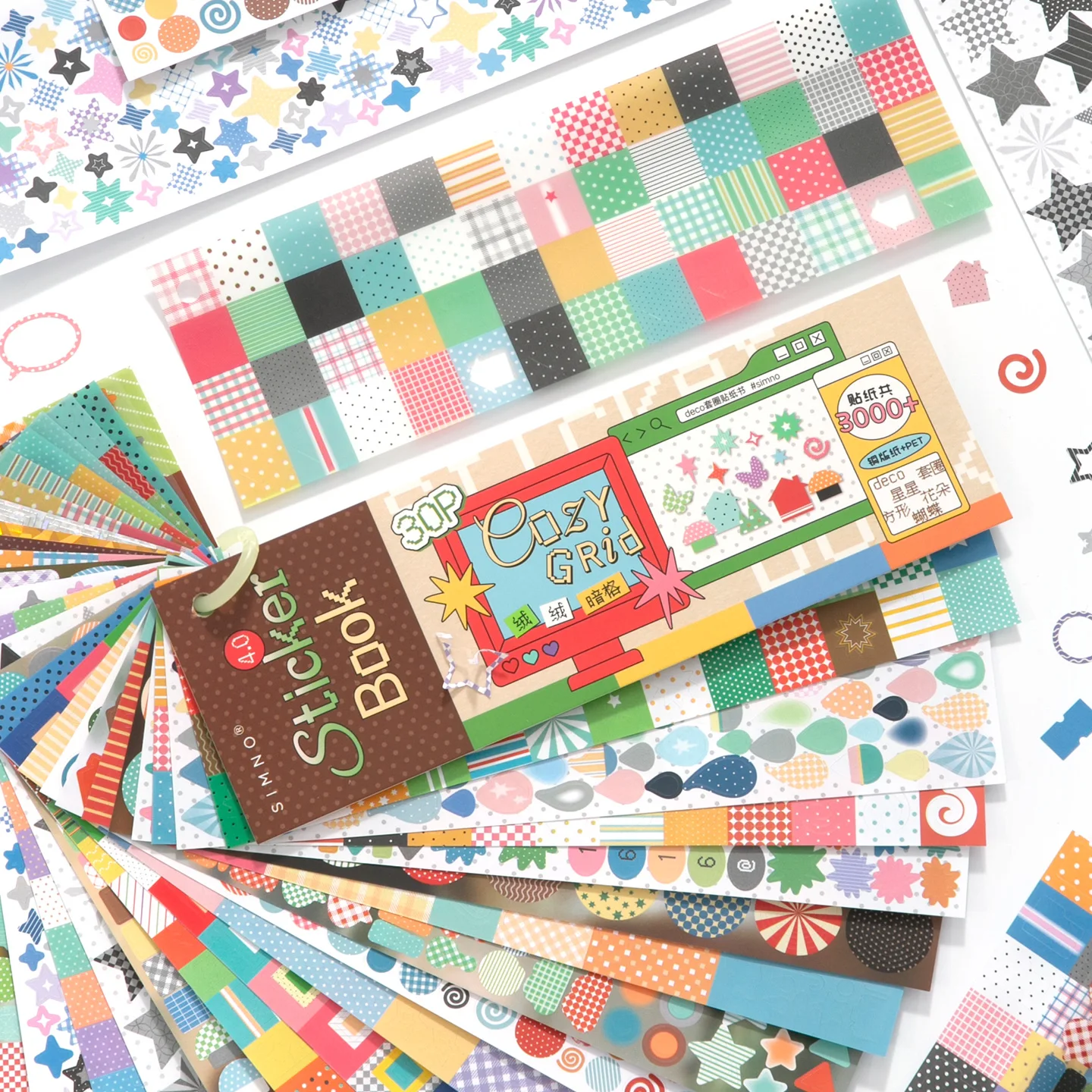30pcs Color Card Basic 4.0 Series Kawaii Ins Multi Material Checkered Stripe Basic Die Cut Sticker Book DIY Scrapbook Aesthetics