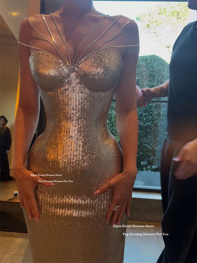 Xijun Sexy Silver Mermaid Evening Dresses Sequined Sleeveless Beads Long Prom Dresses Sweetheart Formal Prom Gowns Customized image 6