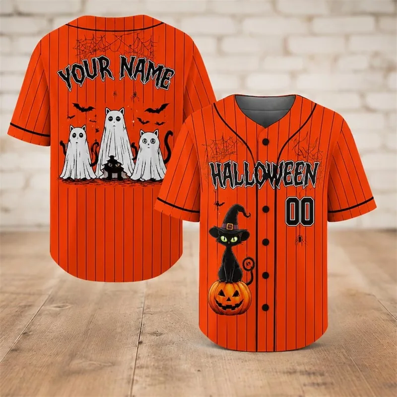 Custom Name Number Halloween Baseball Jersey Cute Ghost Black Cat Pumpkin Orange Striped Men Short Sleeve Party Team Shirt