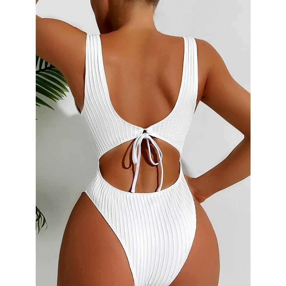 Women's Solid Color One Piece Swimsuit Summer Beach Vacation Monokini Conservative Bikini Slim Backless Swimwear 2024 New