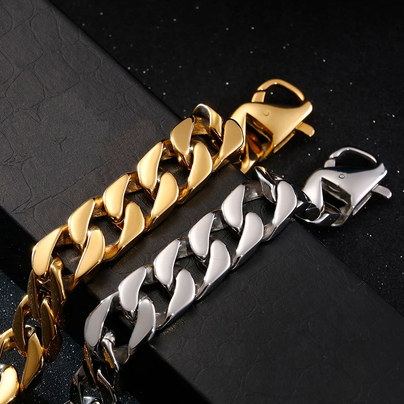 15mm Punk Retro Black Cuban Curb Link Chain Bracelet Men Women Hiphop Gold Color Stainless Steel Round Bike Biker Bangle Jewelry