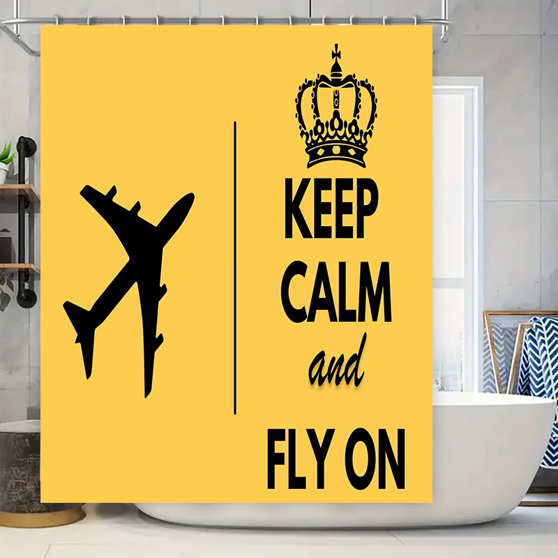 

Keep Calm Fly On Travel Shower Curtain Airplane Home Decor Bath Mat with Crown Logo in Yellow
