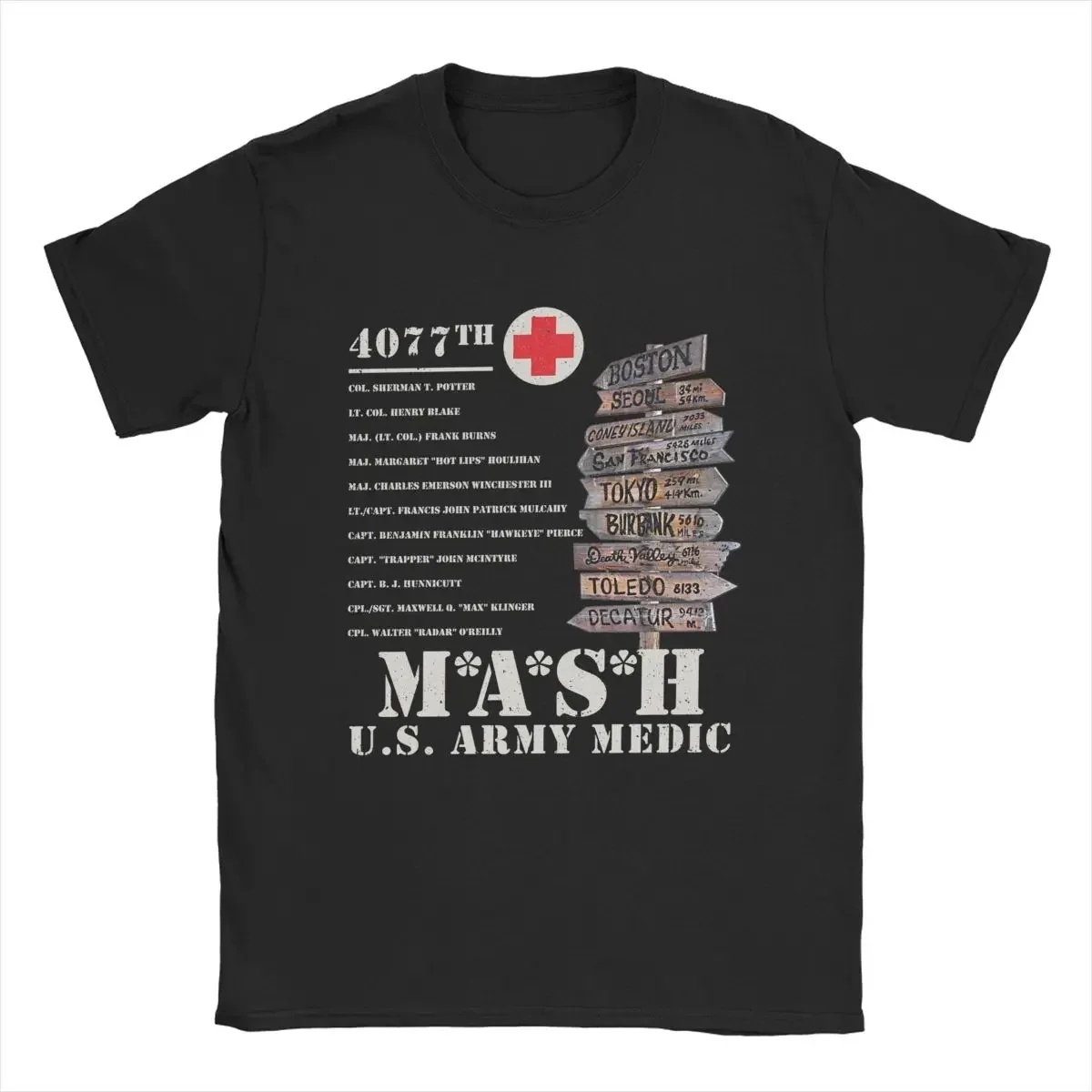 Mash 4077 TV Show Signpost T Shirt for Men Cotton Funny T-Shirt Crewneck Tee Shirt Short Sleeve Clothing Gift Idea