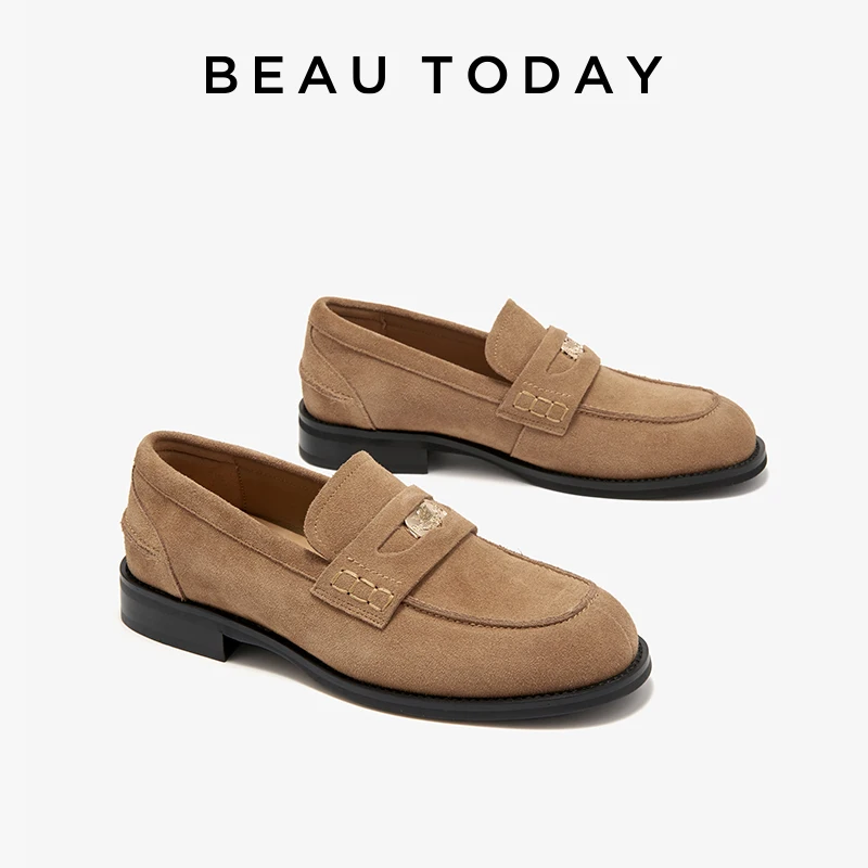 BEAUTODAY Penny Loafers Women Cow Suede Leather Flats Vintage Metal Cion Decor Sewing Female Casual Shoes 26189