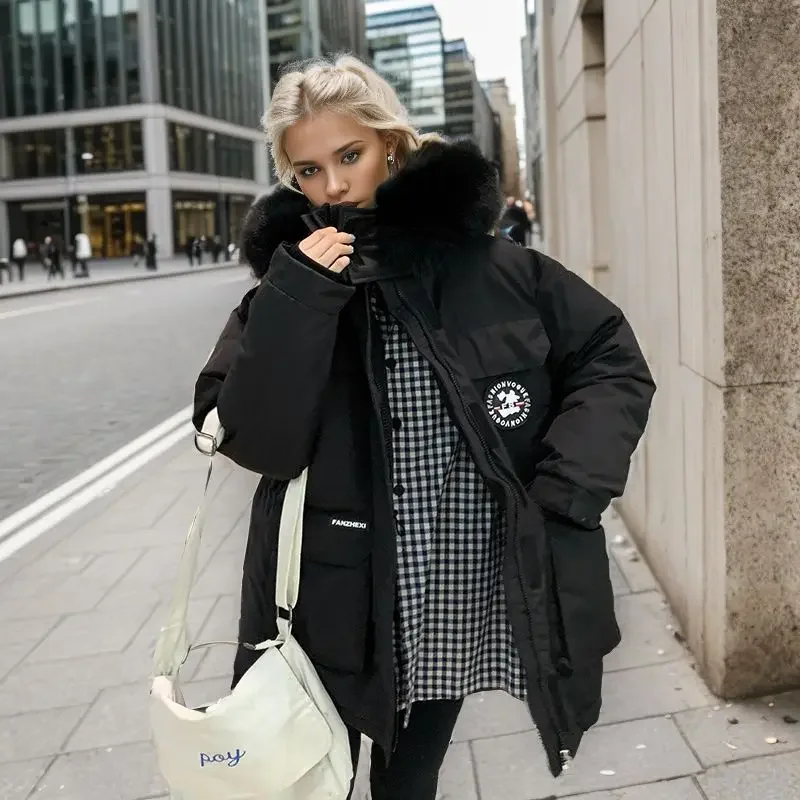 Chic Fur Collar Hooded Puffer Jacket Winter Women Parkas Pockets Warm Loose Zipper Cotton-padded Jacket Design Clothing Coats