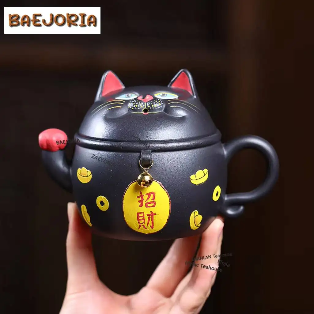 300ml Elegant Yixing Purple Clay Teapots Handmade Fortune Cat Large Caliber Pot Raw Ore Stone Yellow Mud Kettle Zisha Tea Set