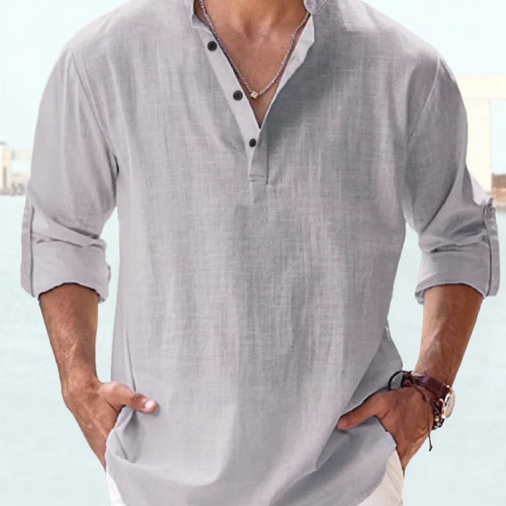Casual Mens Shirt Long Sleeve Stand Collar Cotton Material Solid Color Loose Fitting Breathable Fashion Daily Business Wear Tops