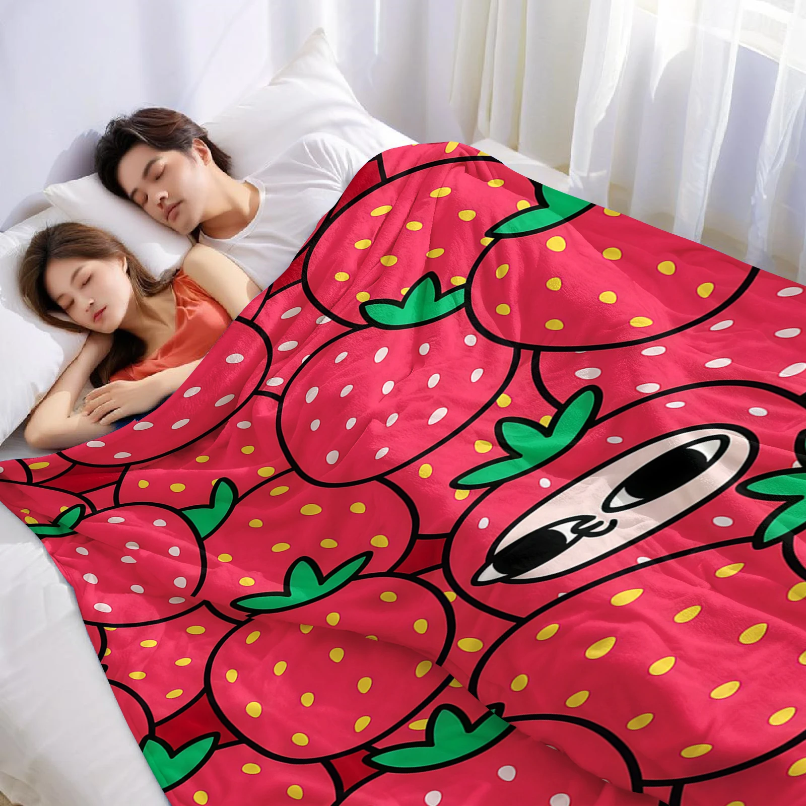 Cute Strawberry Face Lightweight Microfiber Flannel Blanket Soft Warm Cozy Throw All Season for Bed Sofa Office Travel Gift