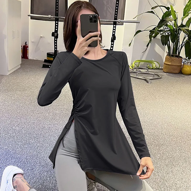 Long Sleeve Sports Shirts Yoga Top Side Pleated Slit Long Shirt Women Fitness Loose Blouse Workout Running Sportswear Gym Outfit
