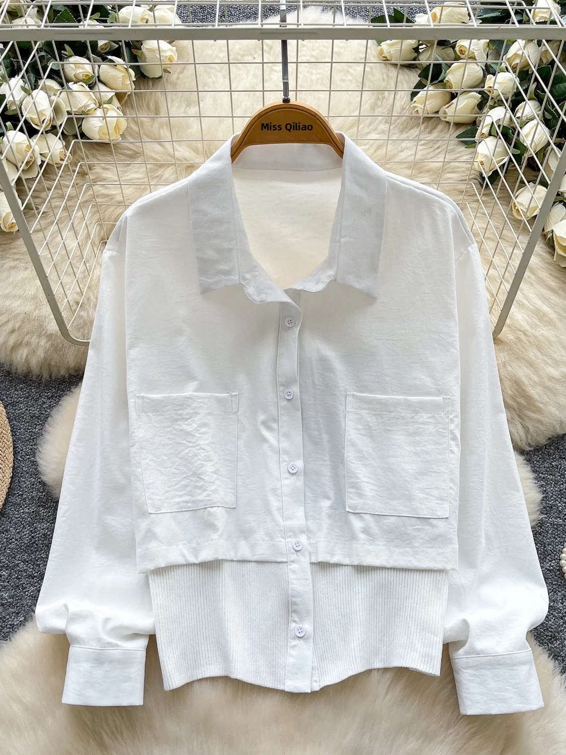 

White Knitted Long Sleeve Shirt Korean Style Commute Fashion Women's Spring Season Slimming Top Fake Two-Piece Design