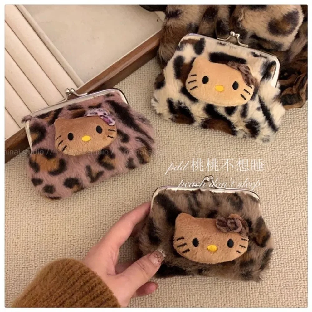 Kawaii Hello Kitty Wallet Cute Plush Leopard Pattern Portable Makeup Storage Bag Cartoon Mini Portable Bluetooth Earphone Bag