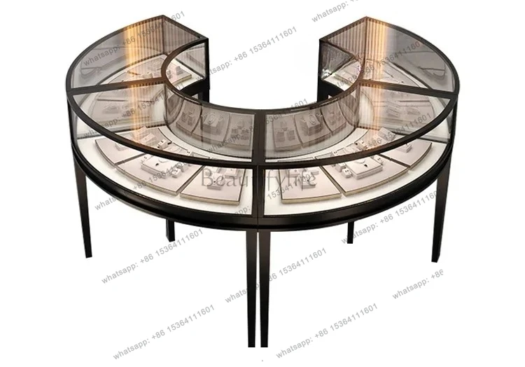 

Jewelry Glass Counter Display Cabinet Stainless Steel Round Product Display Cabinet Curved Jewelry Display Cabinet Gold