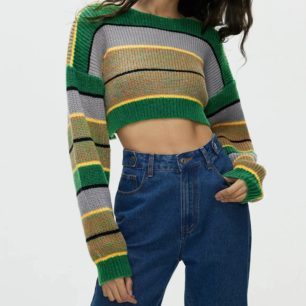 Y2k Green Striped Sweater Women White Jumpers Autumn Winter Long Sleeve Thick Black Spring 2025 Sweaters Y2k E-girl Pullovers