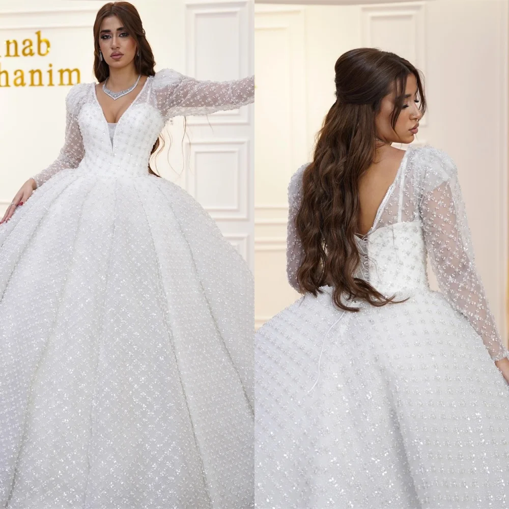 

Customized High Quality White Organza Wedding Dress Exquisite V-Neck Long Sleeves Chapel Train Lace Up Back Bridal Gowns