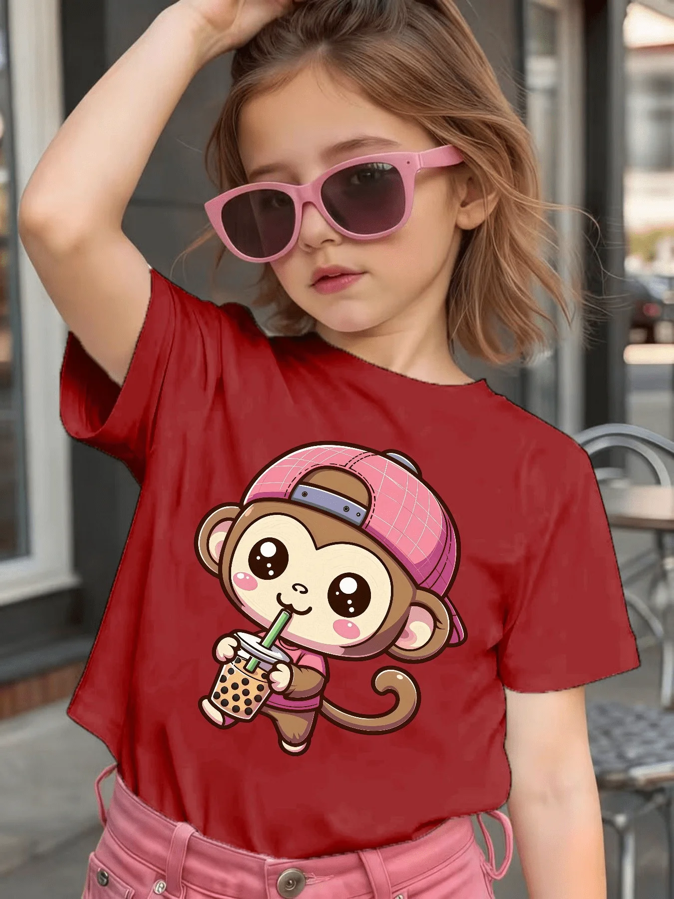 Cap Monkey With Milk Tea Print Kids T Shirt Cotton Short Sleeve Boys Girls Parent Child Trendy Summer Daily Casual Tees