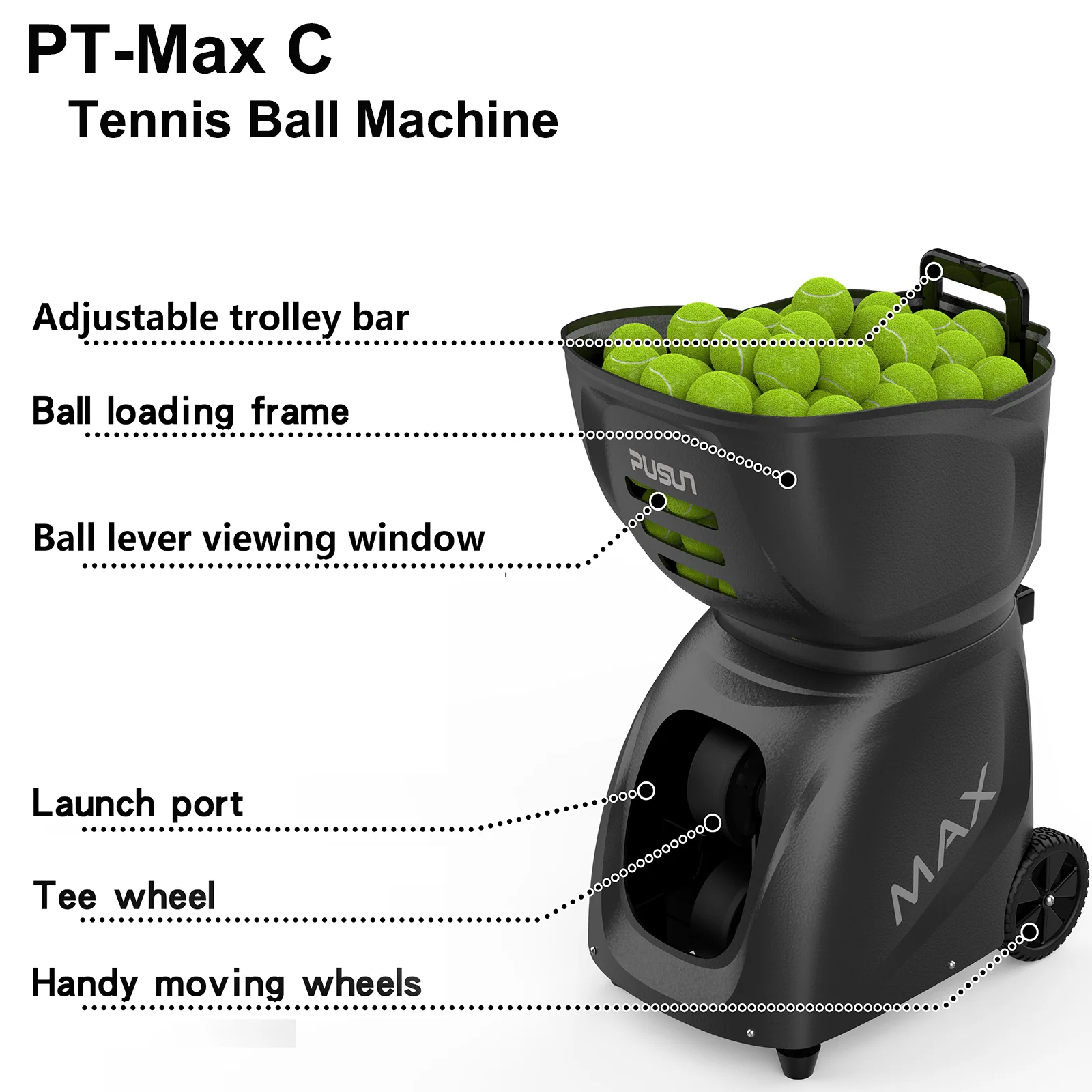 Tennis Ball Machine,PT-Max C Tennis Serving Machine for Professional Training, Hold145+Balls at Once, Support App&Remote Control