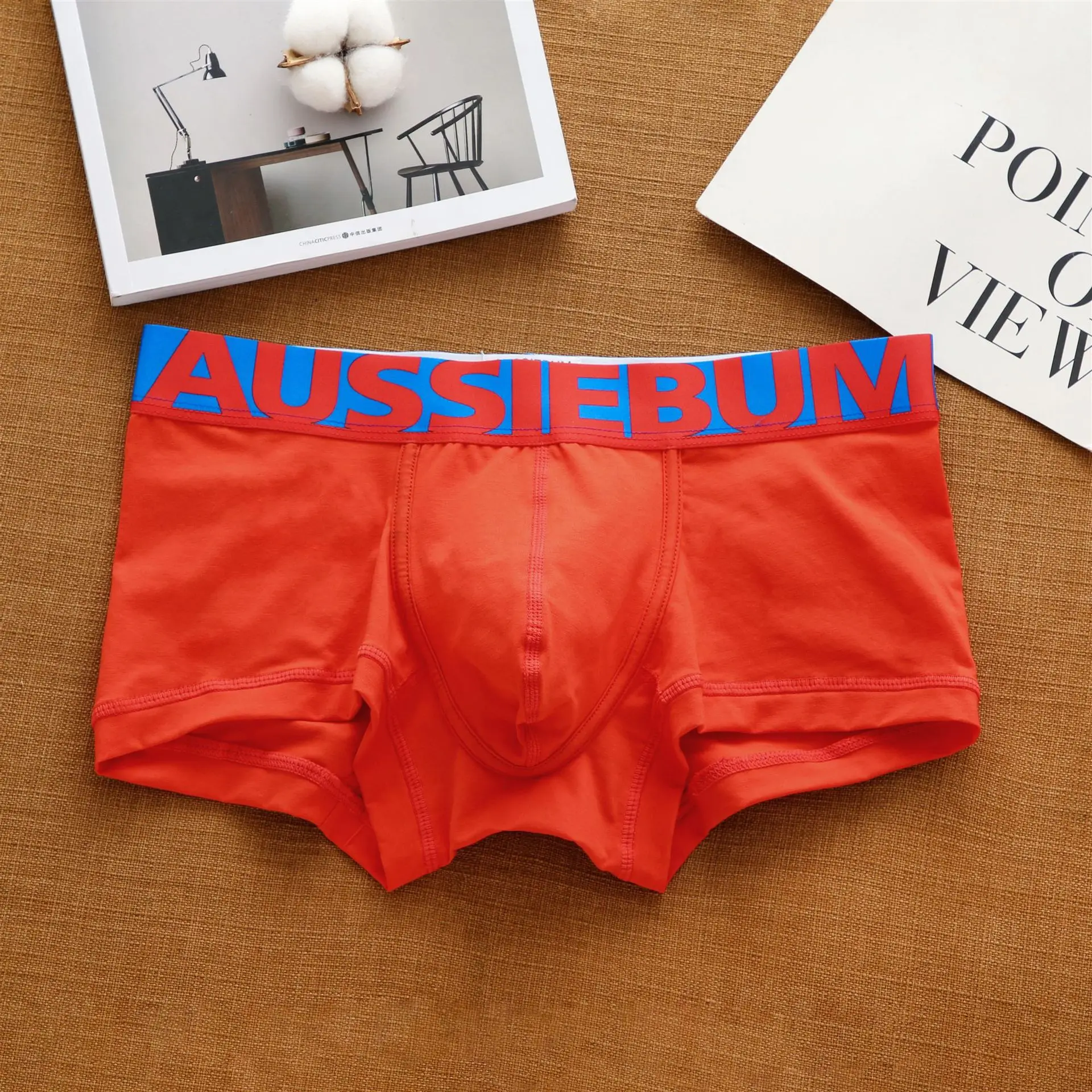 Aussiegum men's pure cotton underwear with low waisted letters for fashionable and comfortable sweat-absorbing boxer shorts