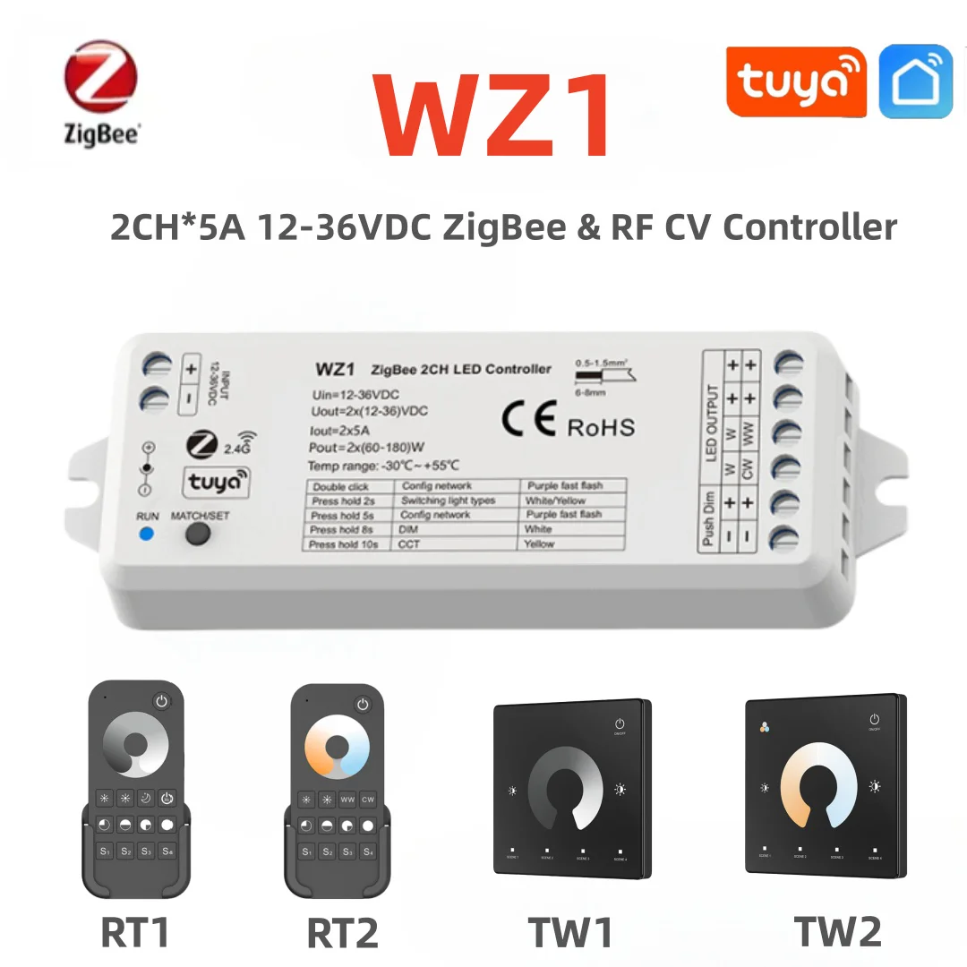 zigbee controlador de luzes de tira led kit remoto para cor unica cor unica zigbee tuya wi fi rf wz1 2ch 12v24v rt1 rt2 tw1 tw2 01