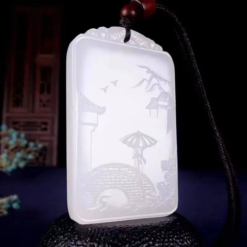 

Natural White Jade Hand Carved Landscape Pendant Fashion Boutique Jewelry Men's and Women's Landscape Painting Necklace Gift