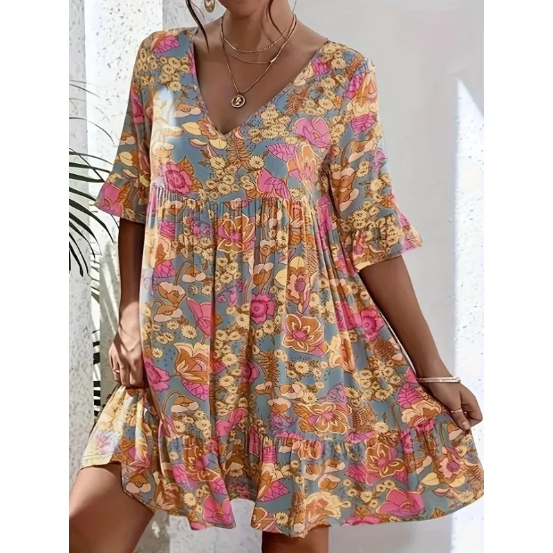 Plus Size 1XL-5XL Women's Fashionable Ruffle Sleeve Loose Dress Ladies V-neck Pleated Printed Casual and Comfortable Dress