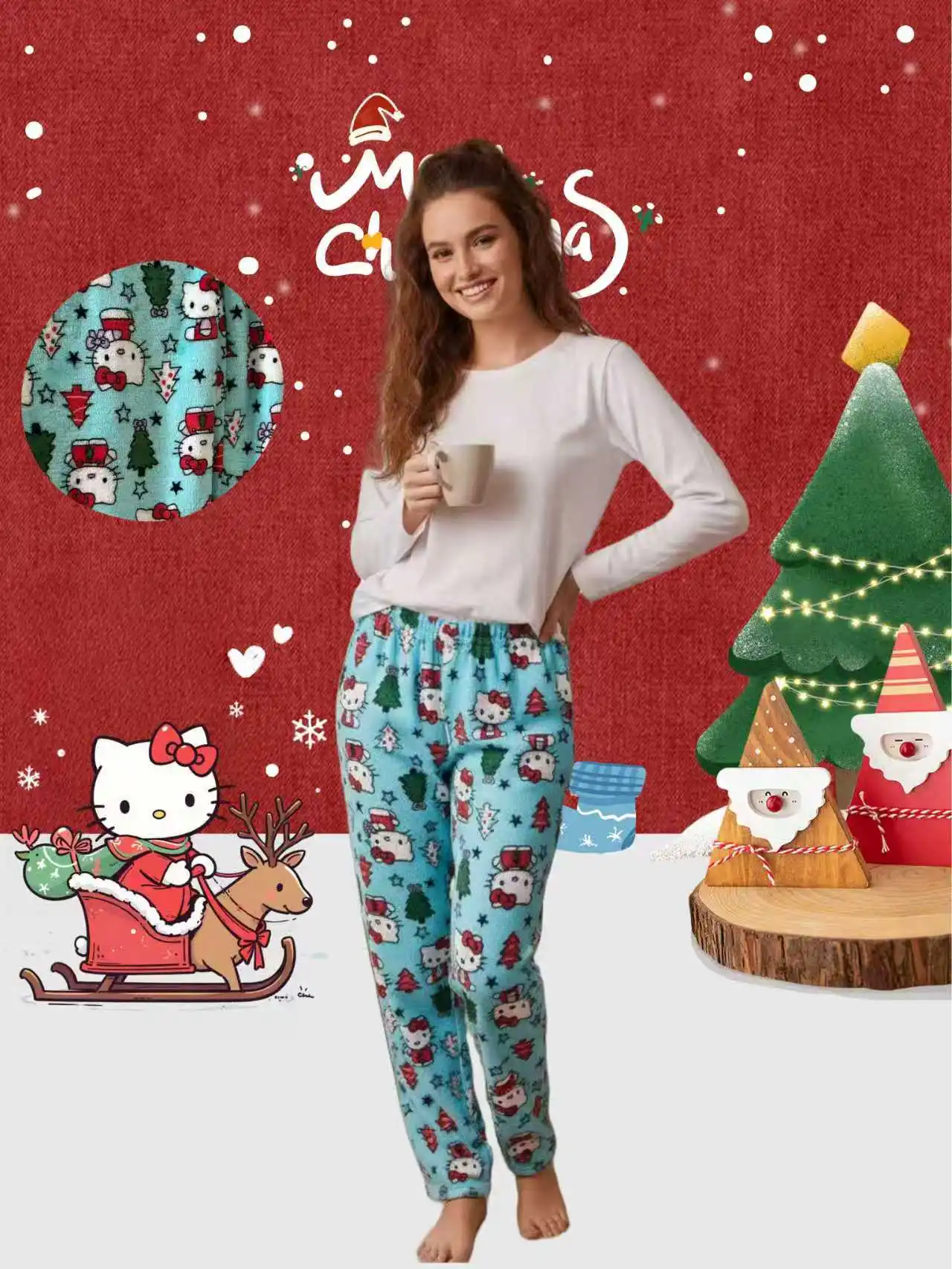 Hello Kitty Christmas Pants Cartoon Flannel Loungewear Autumn Winter Casual Trousers Women's Home Pants Christmas Gifts