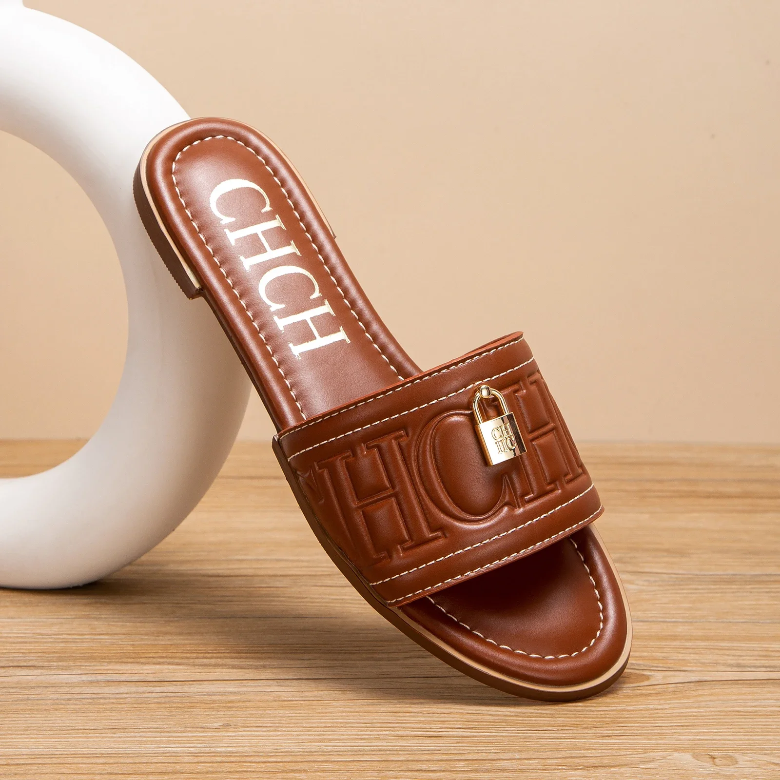 C-H امرأة حذاء مسطح صيف جديد بلون تنقش الصنادل شباشب على الموضة بسيطة للفتيات الطلاب الأحذية #5