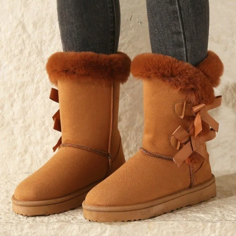 

Luxury Women Suede Snow Boots Trend Bow Cold Proof Warm Mid-calf Boots Comfortable Platform Slip On Short Boots Botas De Mujer