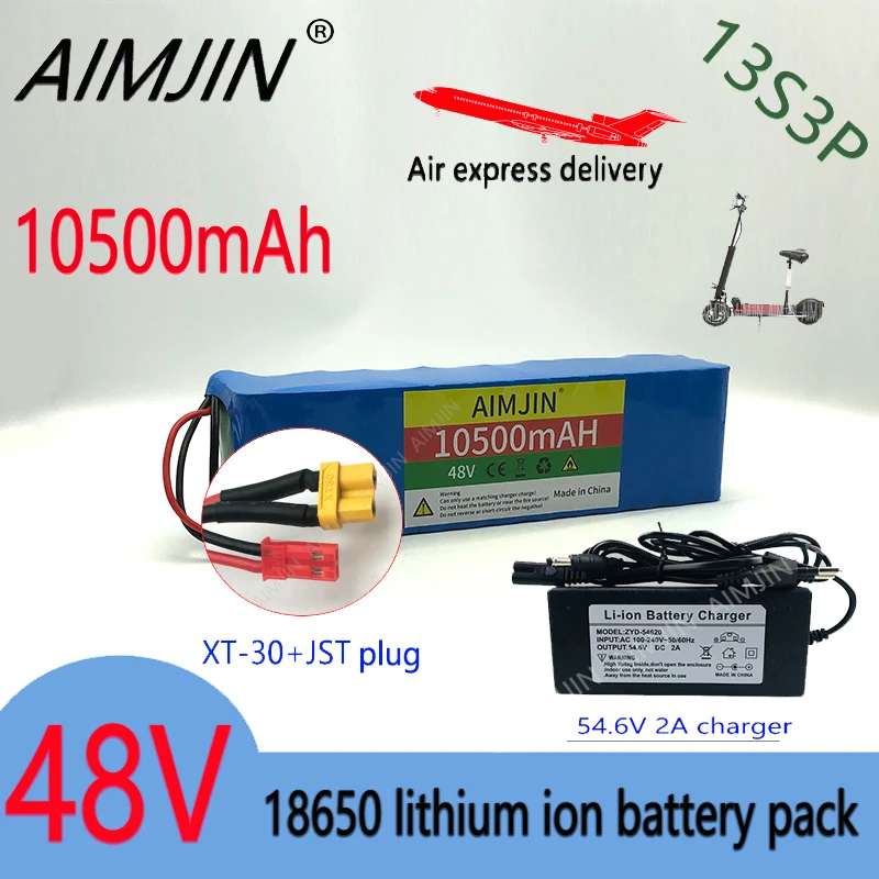 

Lithium Battery 48V 10.5Ah 1000w 13S3P 48V Lithium ion Battery Pack 10500mah For 54.6v with BMS+charger XT30-JST Plug