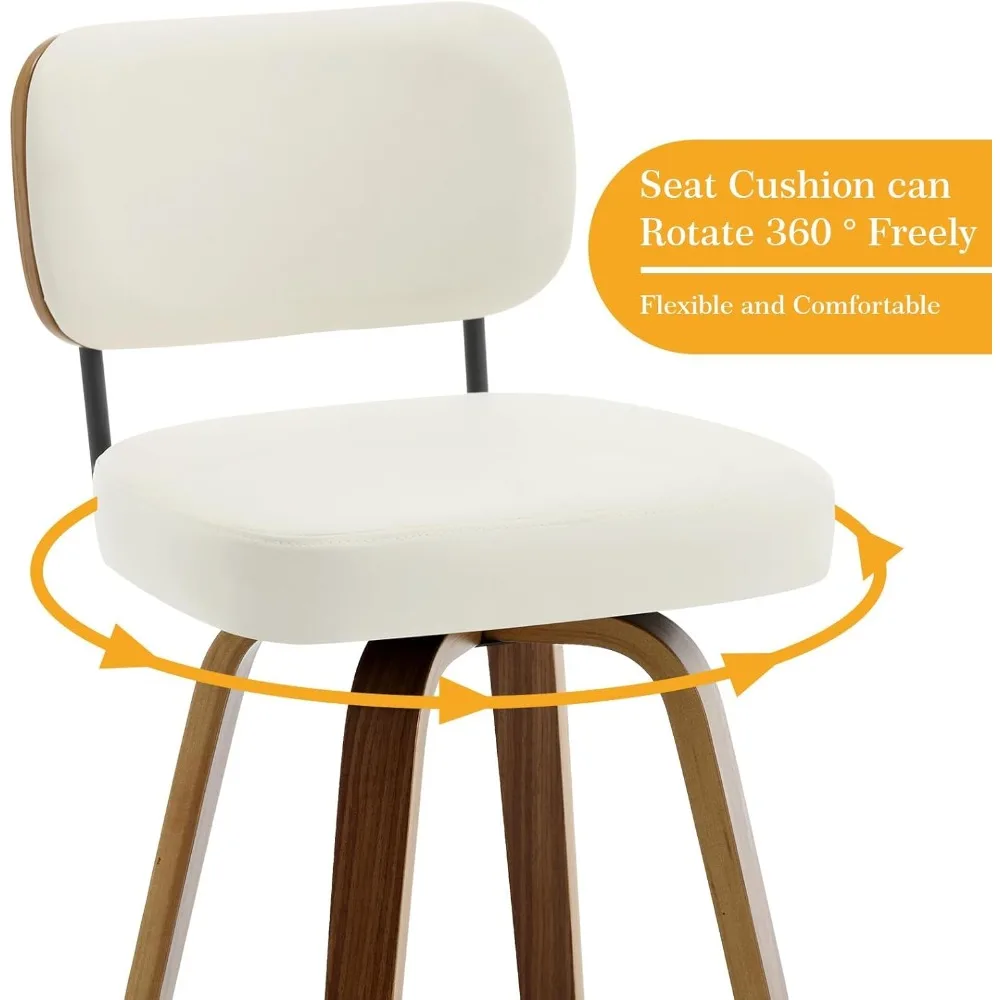 مجموعة من 2 مقعد مرتفع دوار 26 بوصة من الجلد الصناعي المنجد مع أرجل خشبية منحنية خلفية لجزيرة المطبخ أو البار #3