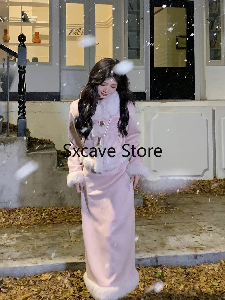 Kawaii Suits Blazers Jacket Coats + Skirts Korean Chic 2023 Winter Faux Fur 2 Piece Skirt Set Women Casual Y2k Clothing Outwear