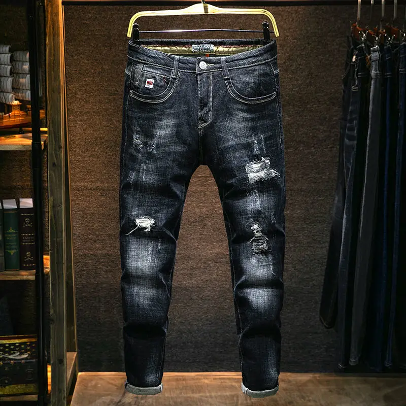 Pantalones vaqueros con agujeros para hombre, ropa de calle ajustada de cintura media, informal, primavera y verano, novedad de 2023